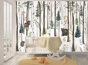 Watercolor Forest with Animals Wall Mural Kids Wallpaper Nursery Paper Poster - Picture 1 of 9