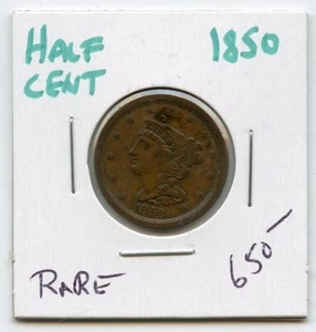 1850 1/2C Braided Hair Half Cent Rare - MC369 - Picture 1 of 2