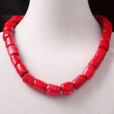 Большой 15-18 мм натуральный красный цилиндр коралл драгоценных камней бусины узел ожерелье 25 дюймов - Изображение 1 из 4