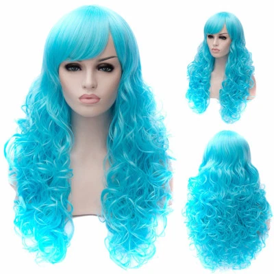 Peluca de pelo azul claro ondulada larga rizada para mujeres dama disfraces fiesta anime + gorra peluca Foto 1 de 4