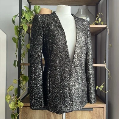 ZARA Sequin Jacket Blazer L / 12 Fluffy Black Gold Embellished Trinny Woodall - Image 1 of 4