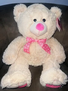 Valentine’s Cream Plush Teddy Bear 21” Pink Ribbon Stuffed Tan Beige Gift NWT - Picture 1 of 17