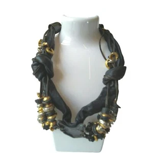 Vintage Pi&Pa schwarz braun Leder Statement Halskette Gold & Silber Perlen signiert - Bild 1 von 3