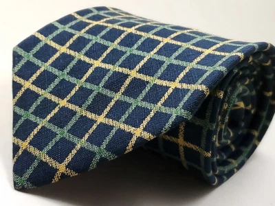 J.CREW 复古 100% 亚麻领带 美国制造 海军蓝 绿色 黄色 格子 全新 — 第 1/4 张图片