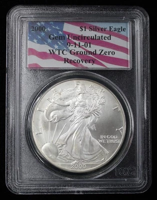 2000 AMERICAN SILVER EAGLE PCGS GEM UNC 9/11 WTC GROUND ZERO RECOVERY (PQ037) - Image 1 of 2