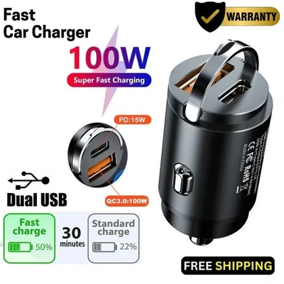 Car Charger USB C & USB Socket 12V PD100W Fast for iPhone 16 Pro Max 15 14 13 12 - Image 1 of 4