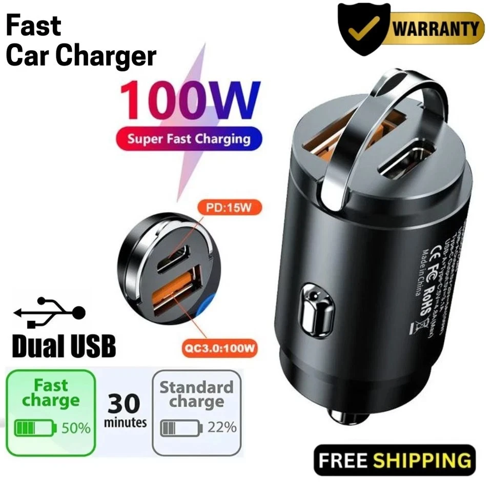 Car Charger USB C & USB Socket 12V PD100W Fast for iPhone 16 Pro Max 15 14 13 12 - Image 1 of 4