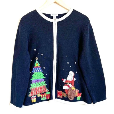 Suéter Feo Navidad Mujer Talla XL Negro Papá Noel Cuentas Brillante Cárdigan Algodón Foto 1 de 4