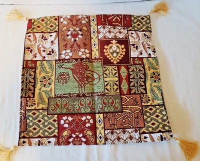 Funda Almohada Tapiz 16.5" Cuadrada Dorado Verde Rojo Mosaico Borlas Hecha en Turquía Foto 1 de 4