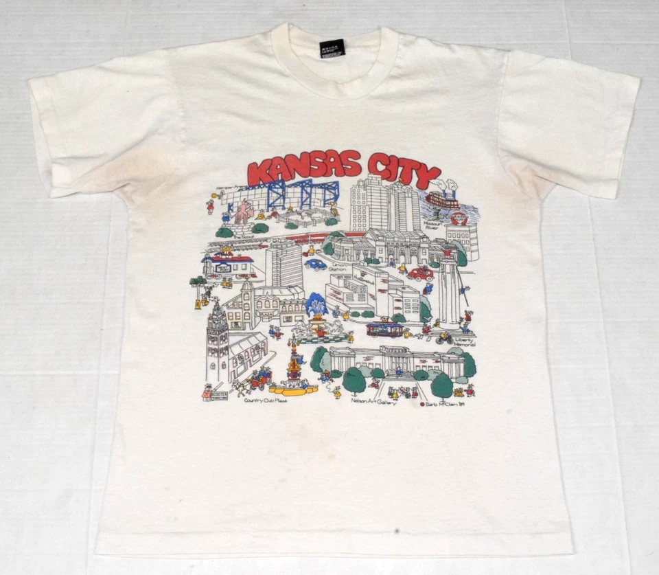 Vintage T-Shirt Kansas City Sketch Map Size M 80s Screen Stars Grunge c.1989 - Image 1 of 4