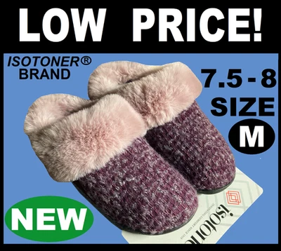 Isotoner тапочки вина и светло-фиолетовый мех свитер сабо капюшон размер 8 средний M - Изображение 1 из 4