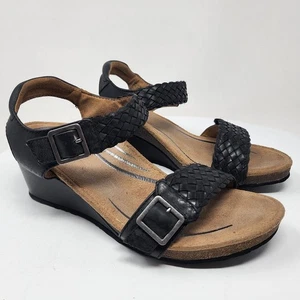 Aetrex Grace Adjustable Woven Wedge Sandal  Women 7.5-8 Black Leather  EW160W - Picture 1 of 13