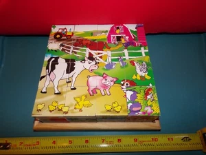 Wood Block Puzzle 16 Natural Wood Blocks Makes 6 Different Pictures Puzzle Toy - Picture 1 of 4