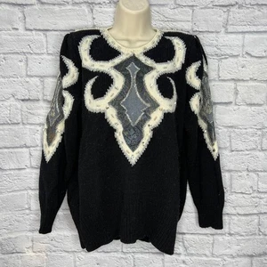 Vintage 80s Beaded Sweater White Black Size L Wool Blend Long Sleeve Holidays - Picture 1 of 7