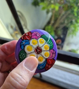 Purple Painted Terracotta Miniature Trinket Box Flowers Yellow Red Ring Box - Picture 1 of 13