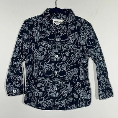 Kids Headquarters Boys Blue Race Cars Button Up Shirt Roll-up Sleeves 24 Mos - Image 1 of 4