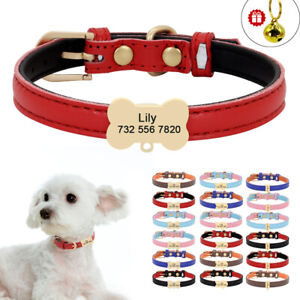 Soft Leather Dog Cat Collar and Personalized Pet ID Tag Puppy Necklace with Bell