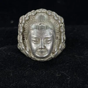 Anello Testa di Buddha Vintage Aperto Regolabile Rame Bianco Shakyamuni Nepal Artigianato - Foto 1 di 5