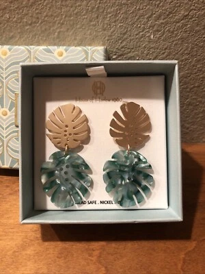 House Of Harlow 1960 Gold Tone & Green Resin Tropical Palm Leaf Earrings NIB - Image 1 of 2