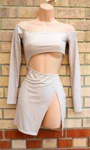 PRETTYLITTLETHING BEIGE SHIMMER PARTY CUT OUT SEXY BODYCON BARDOT MINI DRESS  6 - Picture 1 of 6