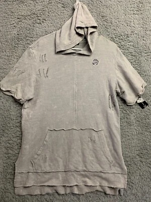 INC Shirt Mens Medium Gray Hooded Distressed Tee SS Pullover Long Length Pockets - Image 1 of 4