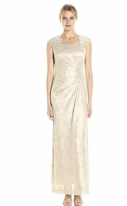 Tahari Womens NWT Short Sleeve Metallic Lace Ruched Waist Maxi Gown Champagne 14 - Picture 1 of 8