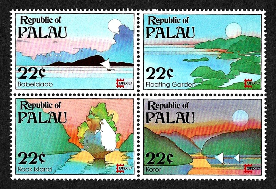 PALAU, SCOTT # 146-149 (149A), BLOQUE MNH - ESCENAS Y VISTAS DE LA ISLA CAPEX 1987 Foto 1 de 1
