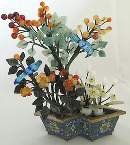 Bonsai de cuarzo cornalina de jade chino con aves esmaltadas en base cloisonné 8 pulgadas - Imagen 1 de 14