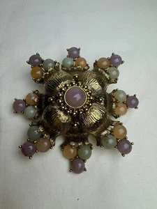 Rare Vintage JOAN RIVERS Green Purple Amber Cabochon Gold Brooch Pin Signed - Picture 1 of 3