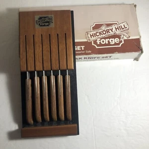Hickory Hill Forge Wooden Steak Knife Set W Wall Hanger Stainless Steel Japan - Picture 1 of 7
