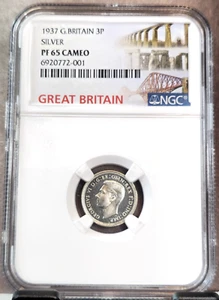 1937 GREAT BRITAIN SILVER 3 PENCE GEORGE VI NGC PF 65 CAMEO RARE GEM PROOF - Picture 1 of 3