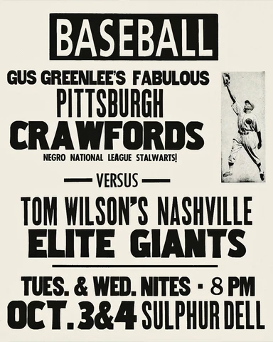 Pittsburgh Crawfords vs Nashville Negro League Game Promo Poster - 8x10 Photo Cover