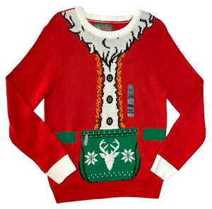 Men's Small Santa Suit Holiday Sweater Front Pockets Bright Red Ugly Christmas - Picture 1 of 4