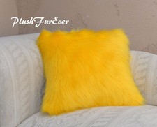 Pair 20" x 30" Pillow Covers Bright Yellow Shaggy Fur Both Side w/Zipper