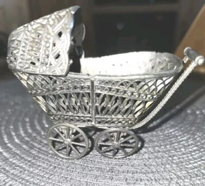 Antique Soft Metal Filigree Ornate Dollhouse Miniature Baby Carriage Pram - Picture 1 of 9