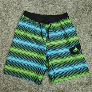 Adidas Swim Board Shorts Youth Boys XL Green Striped Trunks Pocket Logo Lining - Picture 1 of 18