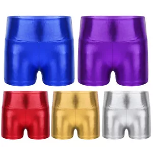 Girls Glitter Ballet Gymnastic Dance Shorts High Waist Wet Look Shorts for Kids - Picture 1 of 42