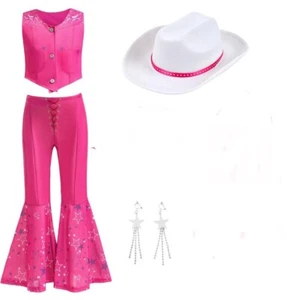 Girls Hot Pink Cowgirl Hat Costume Sleeveless Top Flare Pants Cosplay 12-13 Yrs - Picture 1 of 7
