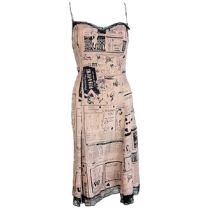 Moschino Pink Silk Lingerie Newsprint Slip Dress - Picture 1 of 7