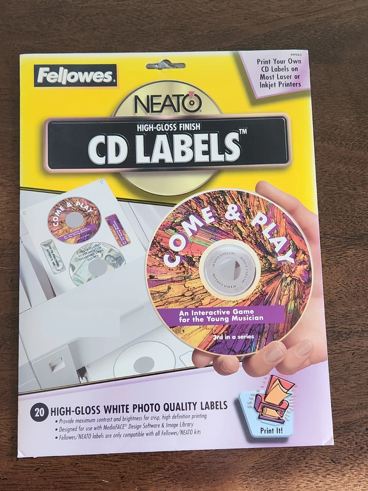 Etiquetas de calidad fotográfica Fellowes Neato CD/DVD 99943 - 20 etiquetas brillantes en caja Foto 1 de 2