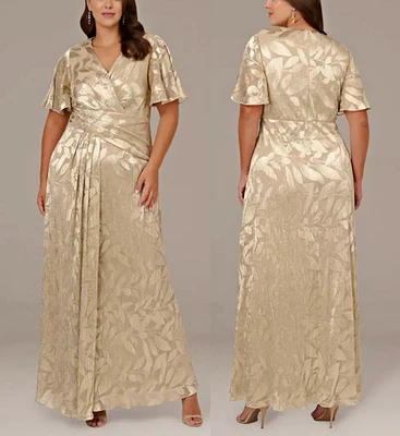 Adrianna Papell Foil Leaf V-Neck Slit Draped Gown In Champagne Gold sz 16W  $249 - Image 1 of 4