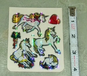 Vintage 80's BJ Decal Specialties Prism Unicorn Heart Ribbons Sticker Sheet - Picture 1 of 1