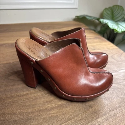 EUC Kork-Ease Sz 6 EU 36.5 Studded  Rum Brown Leather Wrapped Mules Heel Clogs - Image 1 of 4