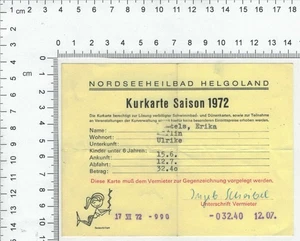 Kurkarte Nordseeheilbad Helgoland Saison 1972 - Bild 1 von 2