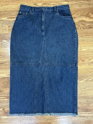 Women's Denim Maxi Skirt Blue 100% Cotton Vintage Size 16 Frayed Hem Jean Skirt - Image 1 of 4
