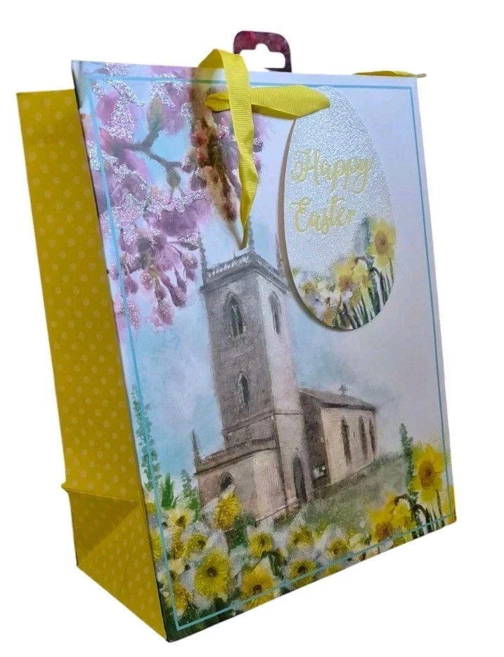 2 x Medium Happy Easter Gift Bag Religious Church And Daffodils Easter Adult Bag - Image 1 of 1