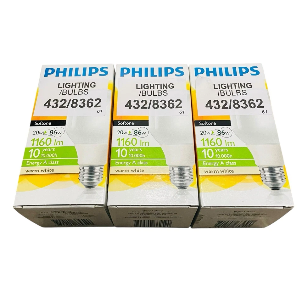 3x Philips Softone 30W Energy Saver Bulb E27 Warm White Light Bulb EQV To 86W A+ - Image 1 of 4