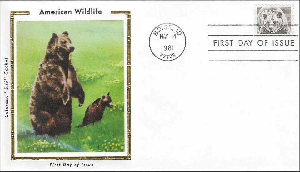 Grizzly Bear And Cub American Wildlife Fauna Boise ID USA Colorano Silk FDC 1981 - Image 1 of 1