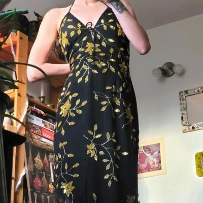 Vestido negro Venus vintage 100% seda dorado floral adornado - talla mediana Foto 1 de 4