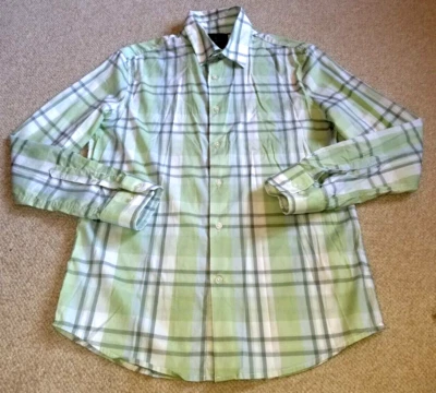 Mens Shirt-DANIEL HECHTER-PARIS-green/white plaid cotton stretch button-up-M - Image 1 of 4